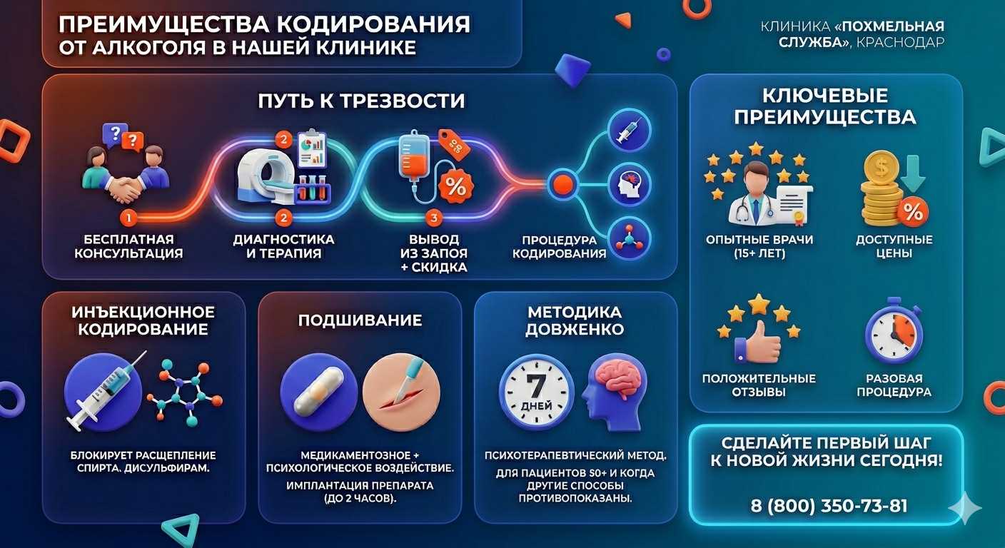 Инфографика о методах кодирования от алкоголя в Сосновоборске: инъекции, подшивание, метод Довженко. Преимущества клиники и этапы лечения.