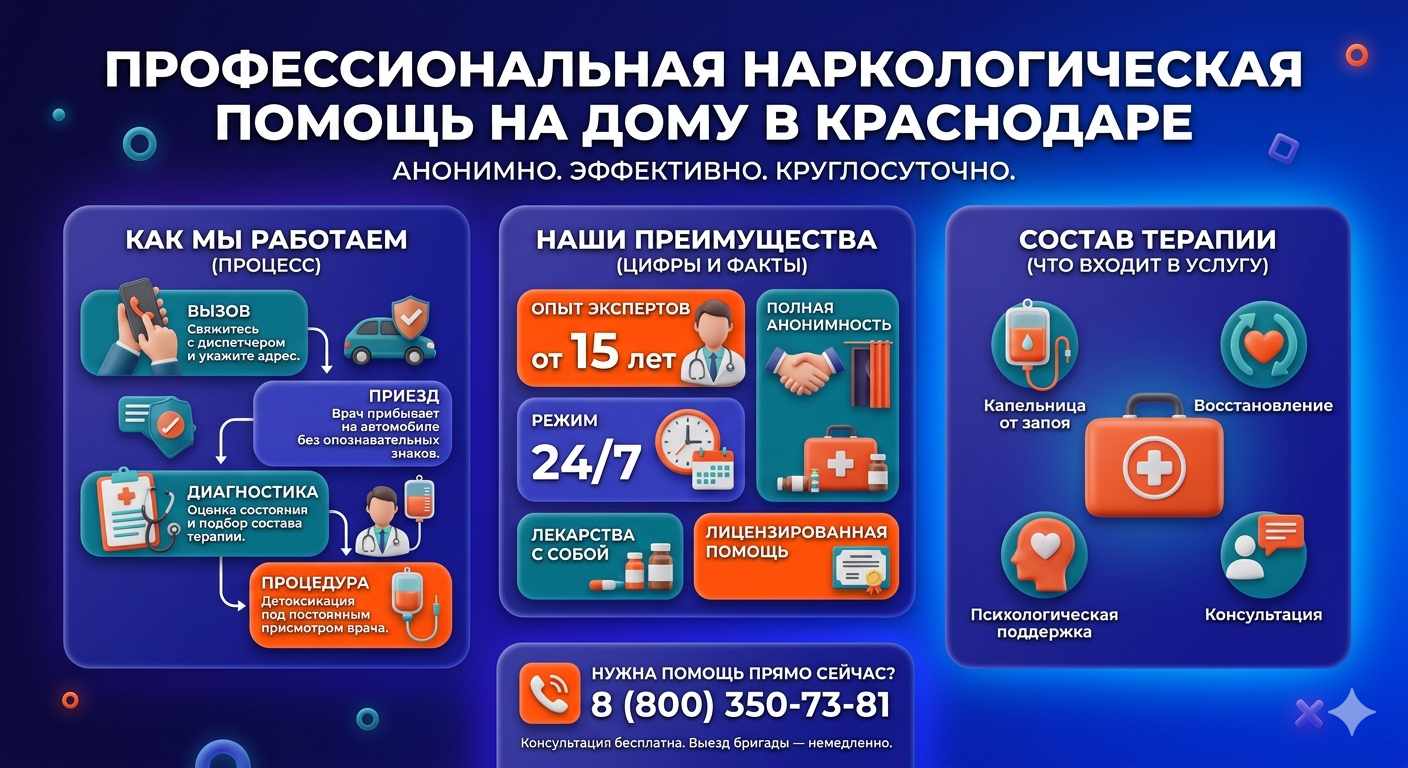 Инфографика о принципах лечения алкоголизма на дому в Сосновоборске: этапы вызова нарколога, преимущества анонимной детоксикации и состав медицинской помощи.